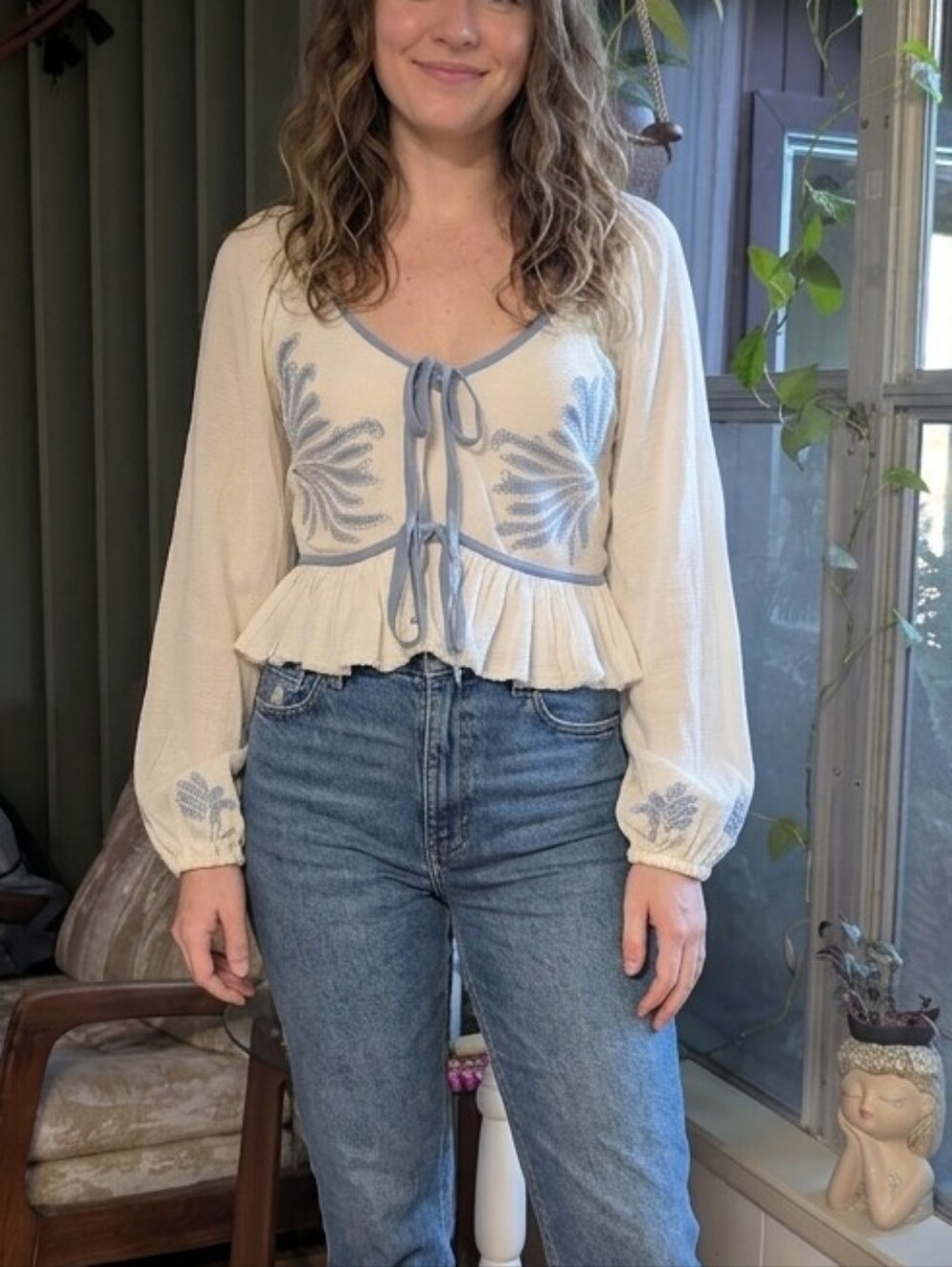 Free People White And Blue Long Sleeve Tie Front Top.